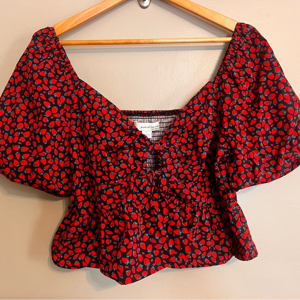 Red and Black Strawberry Cropped Blouse NWOT
